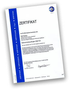 Zertifikat des TÜV Süd für Ralf Neuber als Datenschutzbeauftragter